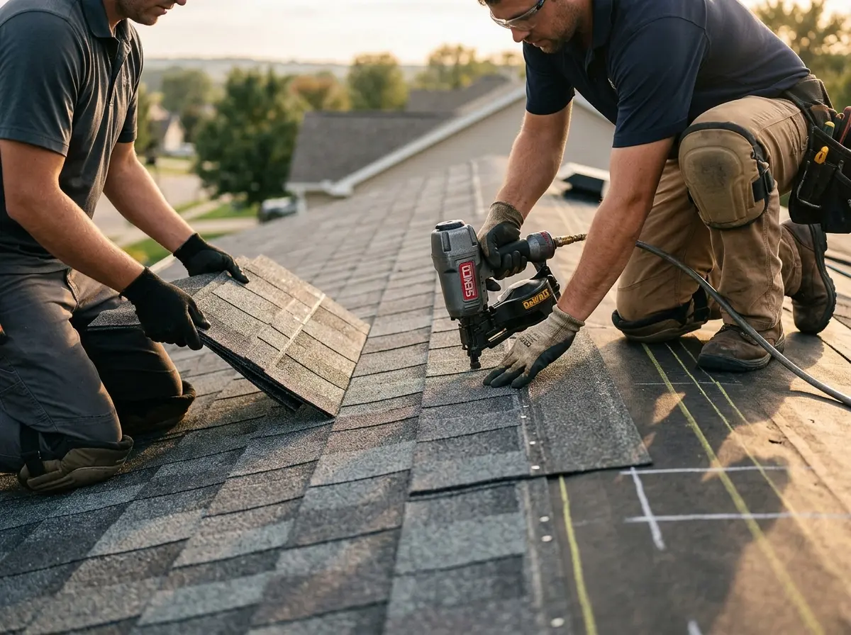 Professional roofer working on a residential roof in Shelby